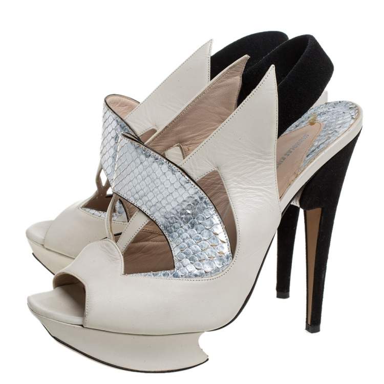 Pre Owned Nicholas Kirkwood Beige/Black Leather And Python Leather Slingback Platform Sandals Size 39.5