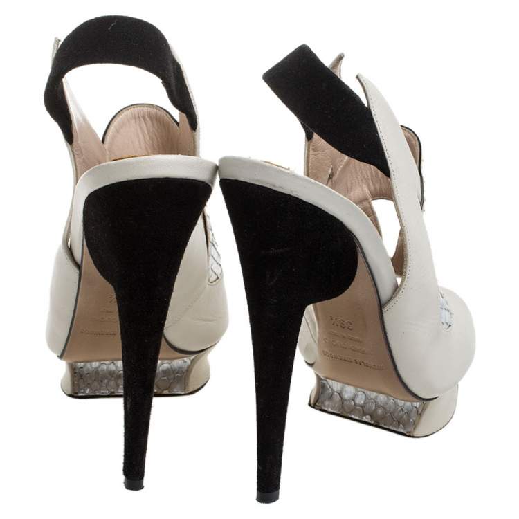 Pre Owned Nicholas Kirkwood Beige/Black Leather And Python Leather Slingback Platform Sandals Size 39.5