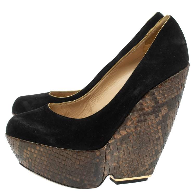 Pre Owned Nicholas Kirkwood Black Suede And Python Leather Wedge Platform Pumps Size 39.5