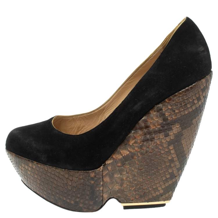 Pre Owned Nicholas Kirkwood Black Suede And Python Leather Wedge Platform Pumps Size 39.5