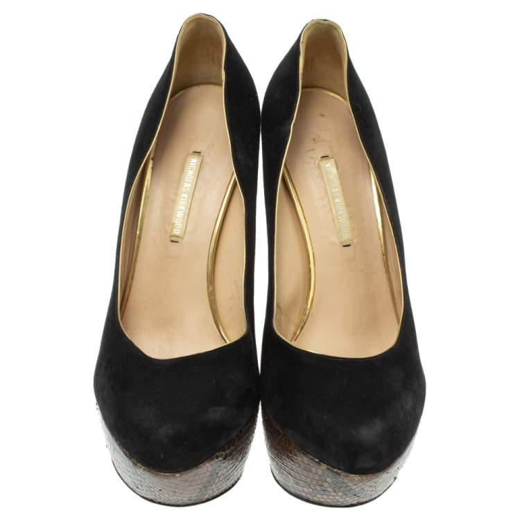 Pre Owned Nicholas Kirkwood Black Suede And Python Leather Wedge Platform Pumps Size 39.5