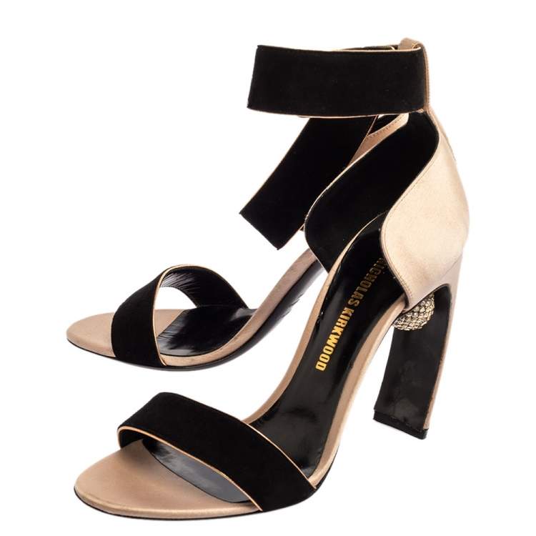 Pre Owned Nicholas Kirkwood Black/Beige Satin And Suede Crystal Embellished Ankle Strap Sandals Size 37