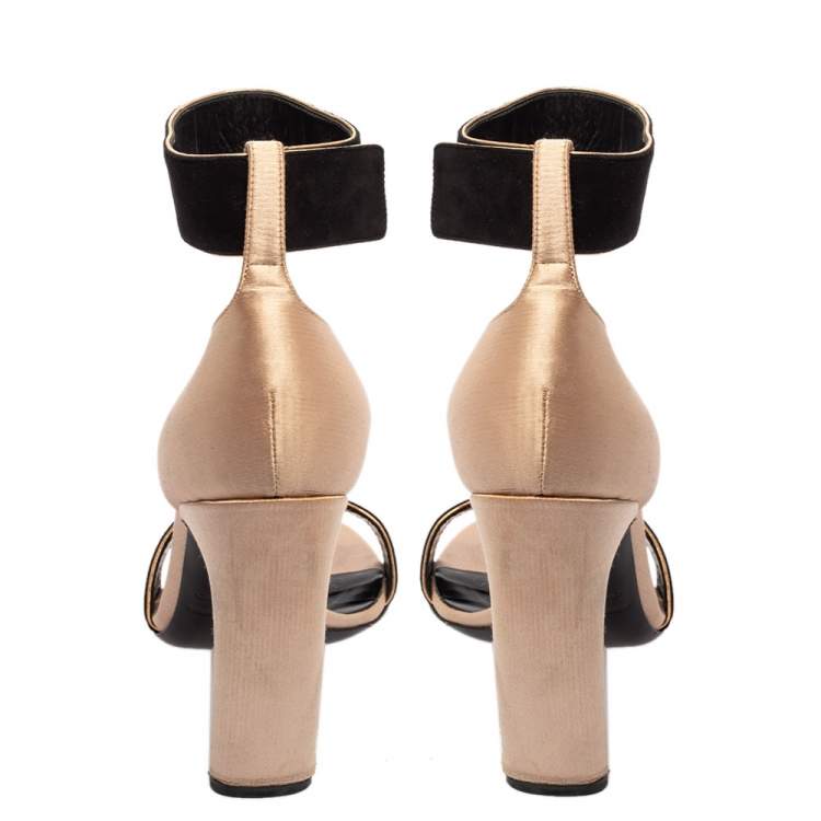 Pre Owned Nicholas Kirkwood Black/Beige Satin And Suede Crystal Embellished Ankle Strap Sandals Size 37