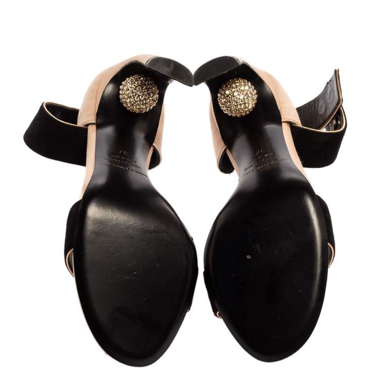 Pre Owned Nicholas Kirkwood Black/Beige Satin And Suede Crystal Embellished Ankle Strap Sandals Size 37