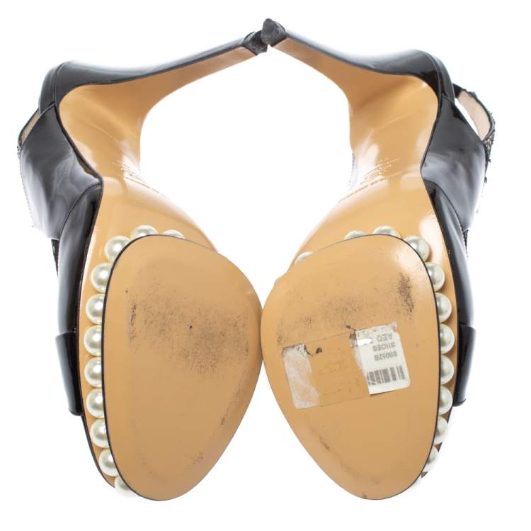 Pre Owned Nicholas Kirkwood Black Patent Leather And Lace Pearl Platform Slingback Sandals Size 40