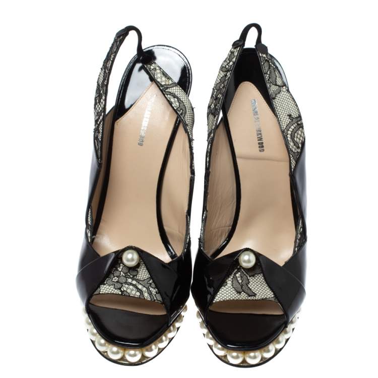Pre Owned Nicholas Kirkwood Black Patent Leather And Lace Pearl Platform Slingback Sandals Size 40