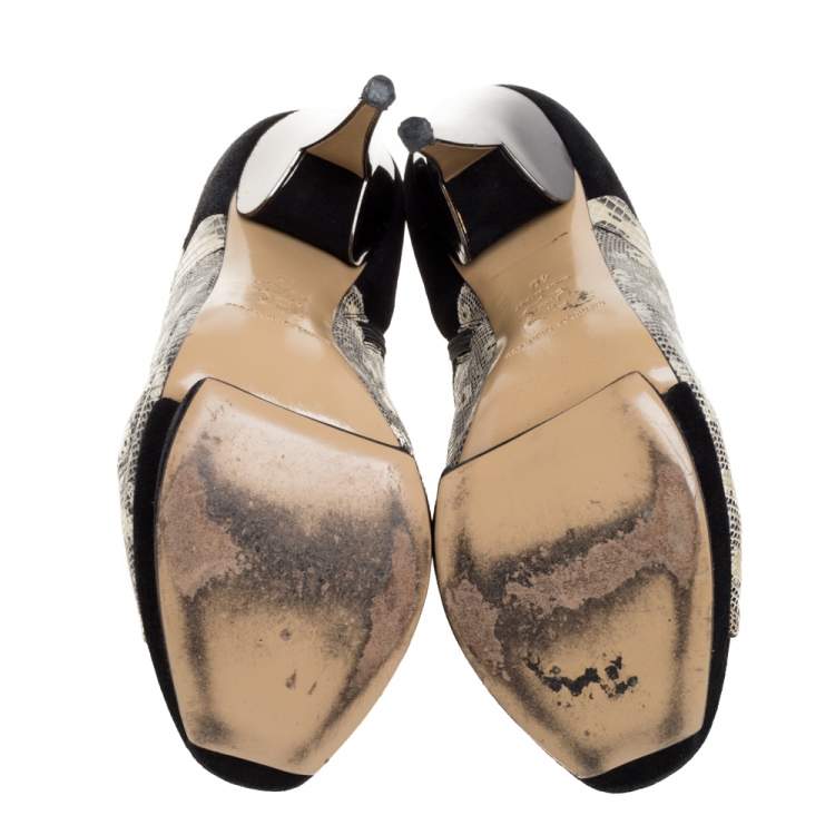 Pre Owned Nicholas Kirkwood Black/Yellow Lizard and Suede Peep Toe Platform Booties Size 40