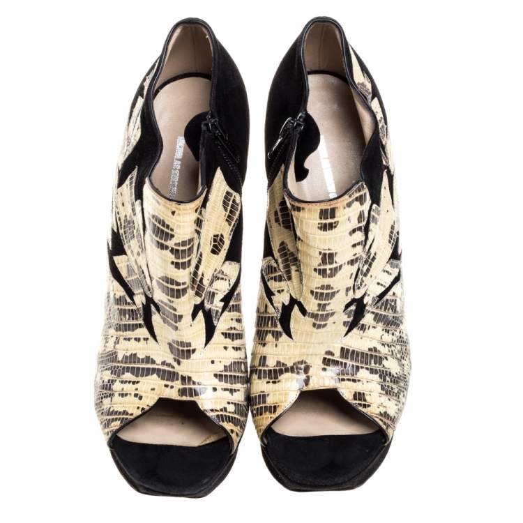 Pre Owned Nicholas Kirkwood Black/Yellow Lizard and Suede Peep Toe Platform Booties Size 40