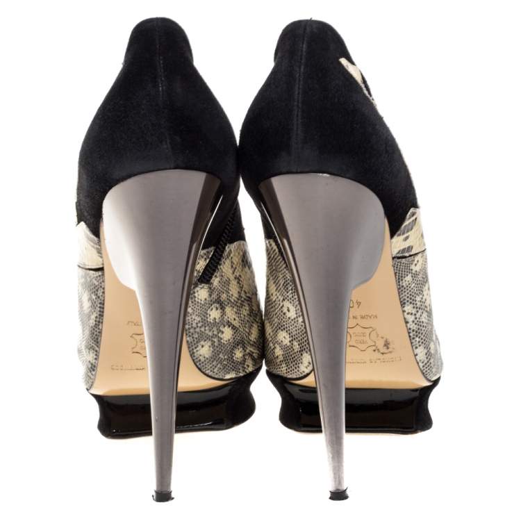 Pre Owned Nicholas Kirkwood Black/Yellow Lizard and Suede Peep Toe Platform Booties Size 40