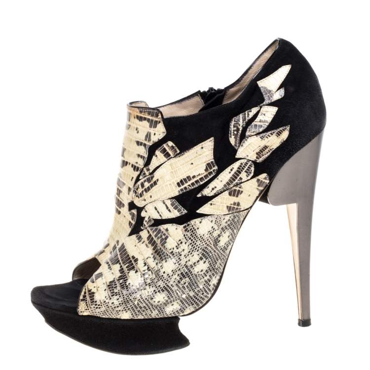 Pre Owned Nicholas Kirkwood Black/Yellow Lizard and Suede Peep Toe Platform Booties Size 40