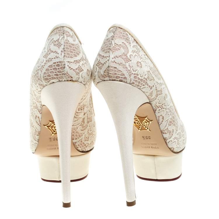 Pre Owned Nicholas Kirkwood Cream Lace And Mesh Platform Pumps Size 35.5
