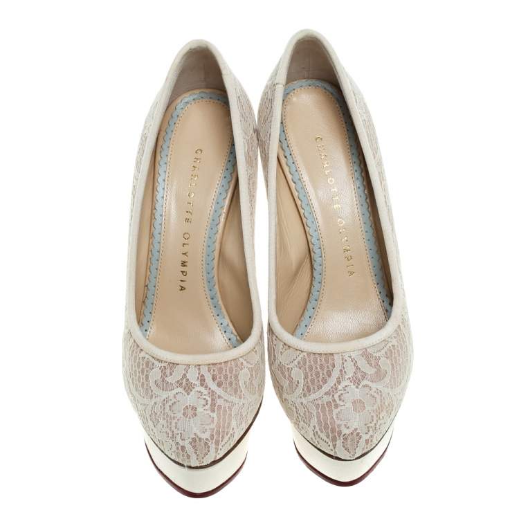 Pre Owned Nicholas Kirkwood Cream Lace And Mesh Platform Pumps Size 35.5