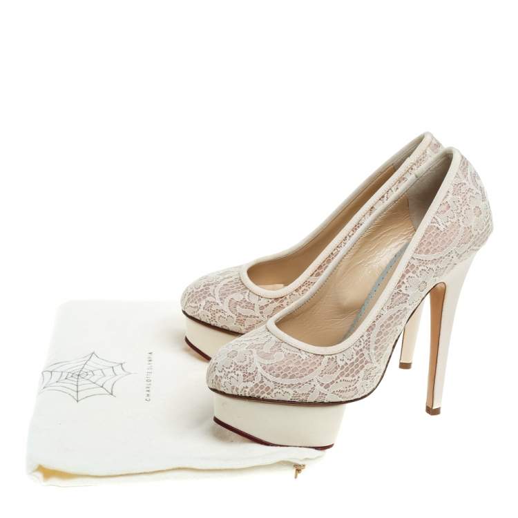 Pre Owned Nicholas Kirkwood Cream Lace And Mesh Platform Pumps Size 35.5