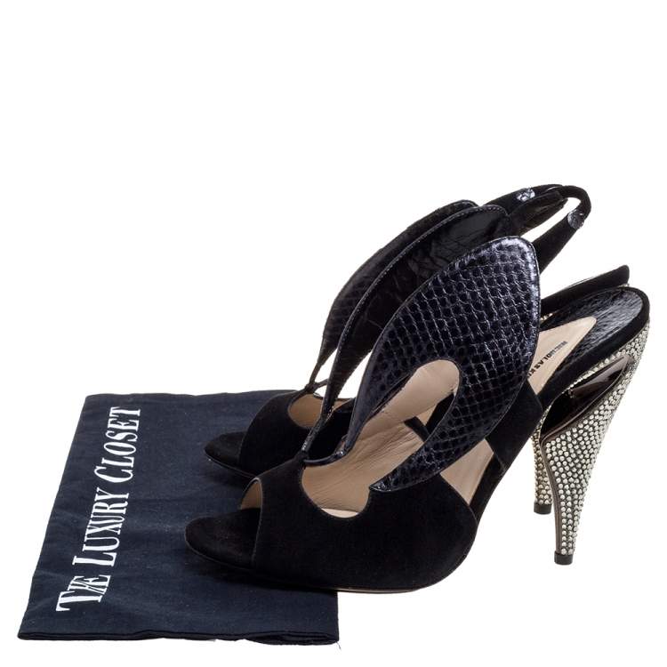 Pre Owned Nicholas Kirkwood Black Suede And Python Embossed Leather Cutout Slingback Sandals Size 39.5