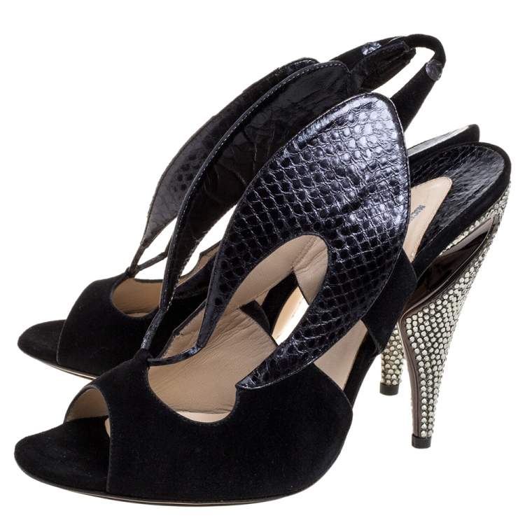 Pre Owned Nicholas Kirkwood Black Suede And Python Embossed Leather Cutout Slingback Sandals Size 39.5