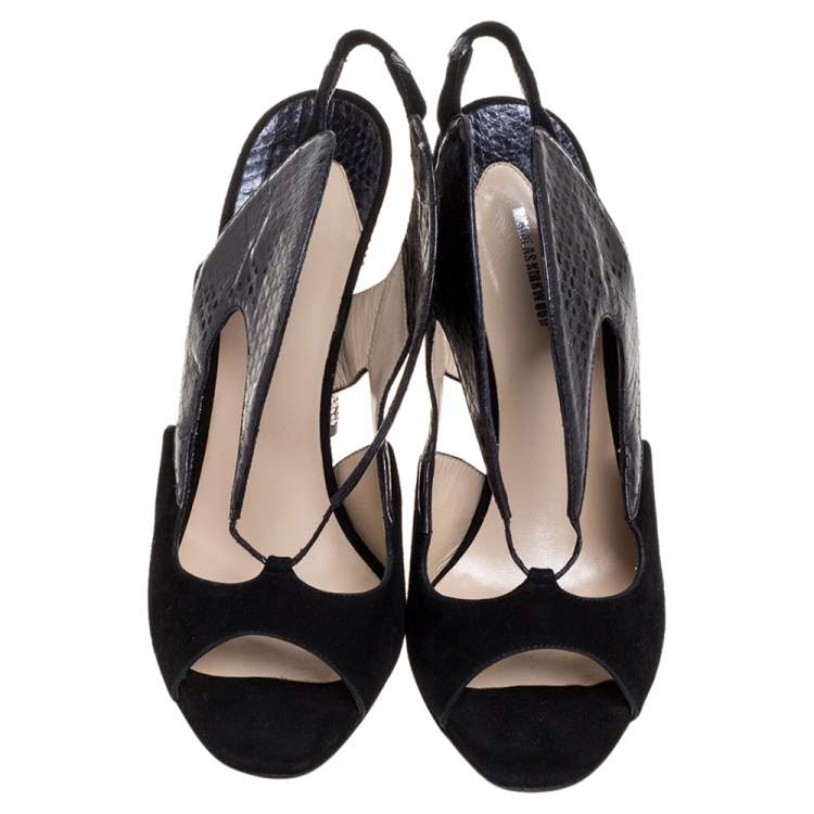 Pre Owned Nicholas Kirkwood Black Suede And Python Embossed Leather Cutout Slingback Sandals Size 39.5