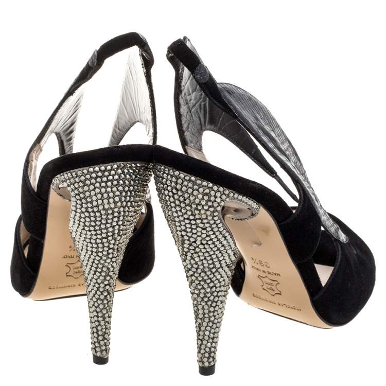 Pre Owned Nicholas Kirkwood Black Suede And Python Embossed Leather Cutout Slingback Sandals Size 39.5