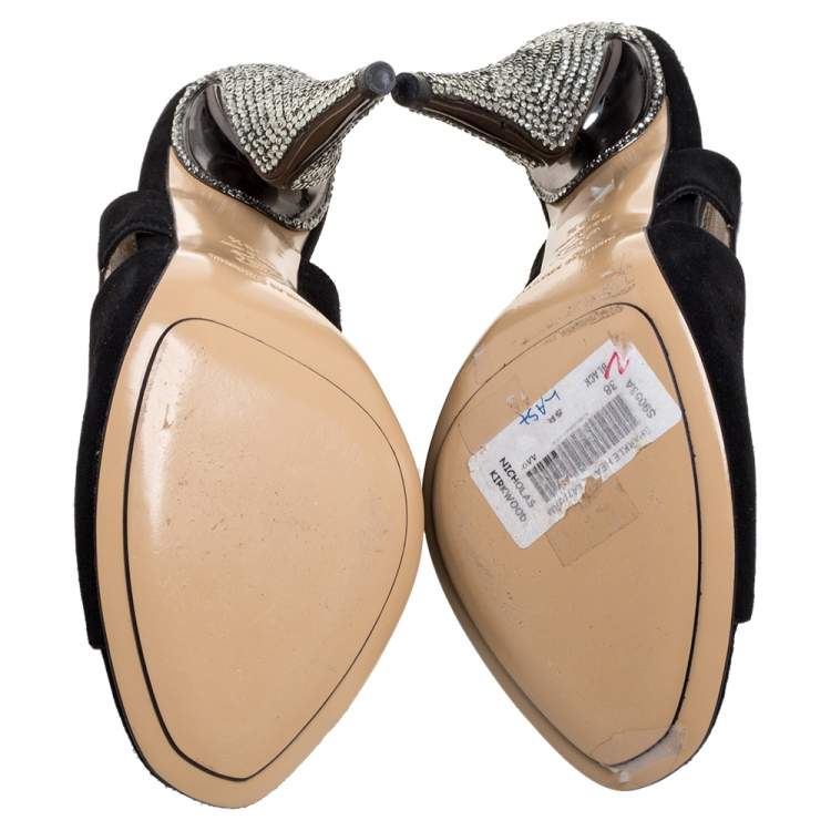 Pre Owned Nicholas Kirkwood Black Suede And Python Embossed Leather Cutout Slingback Sandals Size 39.5