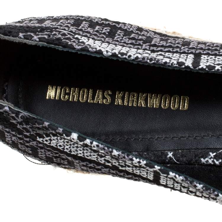 Pre Owned Nicholas Kirkwood Monochrome Embroidered Fabric Mexican Pointed Toe Espadrilles Size 40