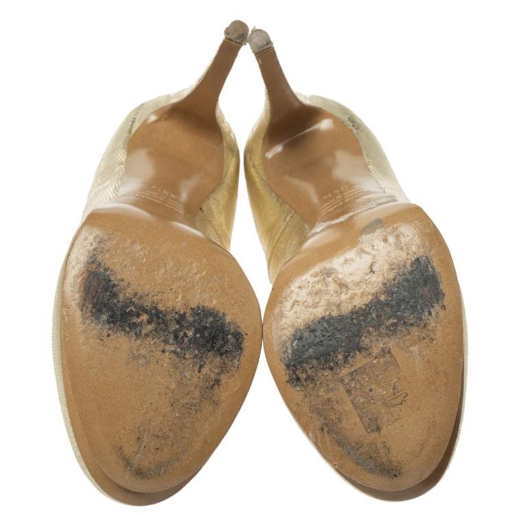Pre Owned Nicholas Kirkwood Metallic Gold Floral Textured Leather Round Toe Platform Pumps Size 36.5 
