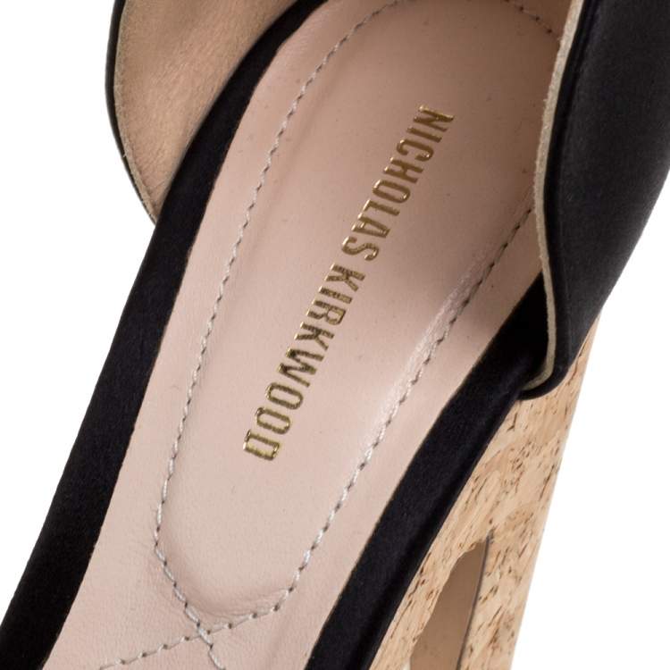 Pre Owned Nicholas Kirkwo Black Satin Pearl Embellished Cork Platform Sandals Size 39