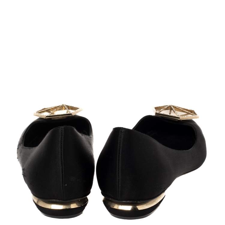 Pre Owned Nicholas Kirkwood Black Satin Eden Crystal Embellished Pointed Toe Flats Size 40 