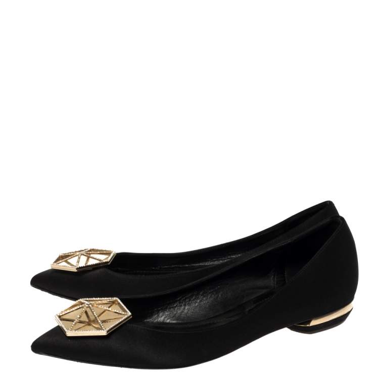 Pre Owned Nicholas Kirkwood Black Satin Eden Crystal Embellished Pointed Toe Flats Size 40 