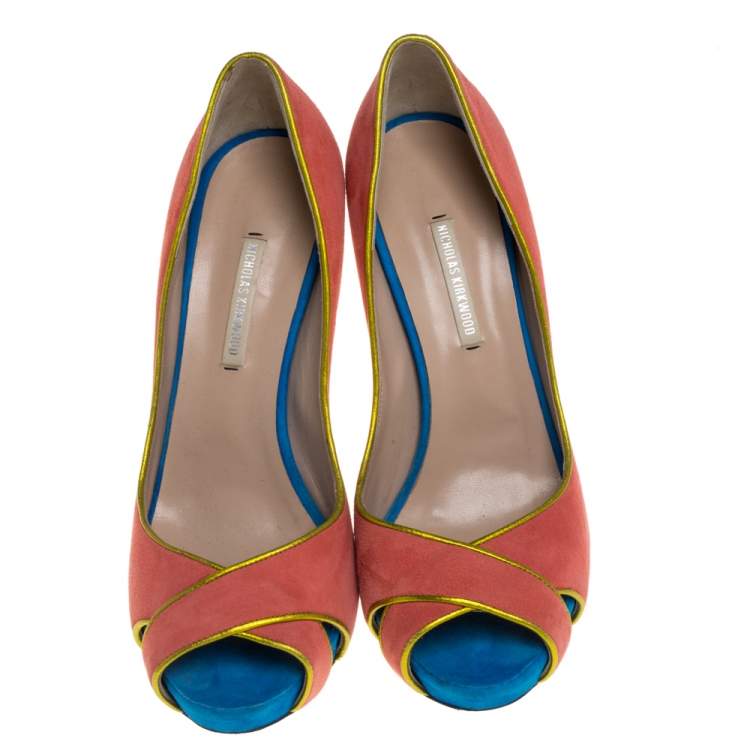 مملوكة مسبقًا Nicholas Kirkwood Multicolor Suede Peep Toe Pumps Size 38.5