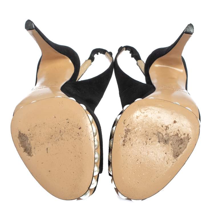 Pre Owned Nicholas Kirkwood Black Suede  Pearl Embellished Platform Slingback Sandals Size 38