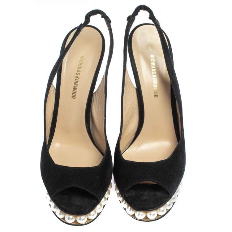 Pre Owned Nicholas Kirkwood Black Suede  Pearl Embellished Platform Slingback Sandals Size 38