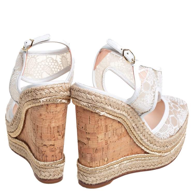 Pre Owned Nicholas Kirkwood White Lace Wedge Platform Ankle Strap Espadrilles Size 35.5