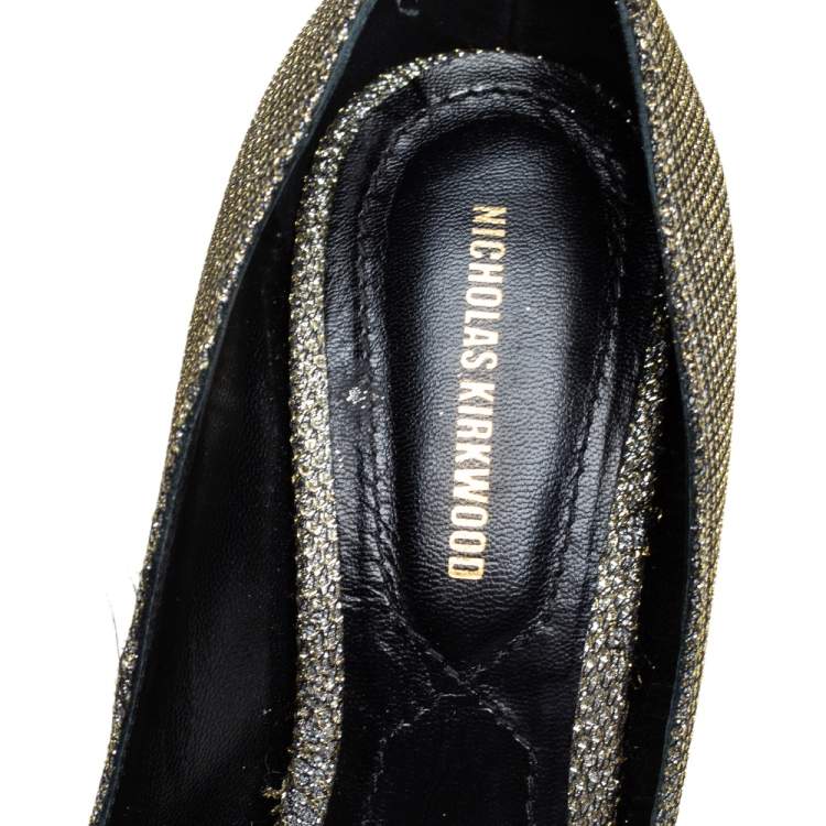 Pre Owned Nicholas Kirkwood Gold Glitter And Lurex Pointed Toe Block Heel Pumps Size 38