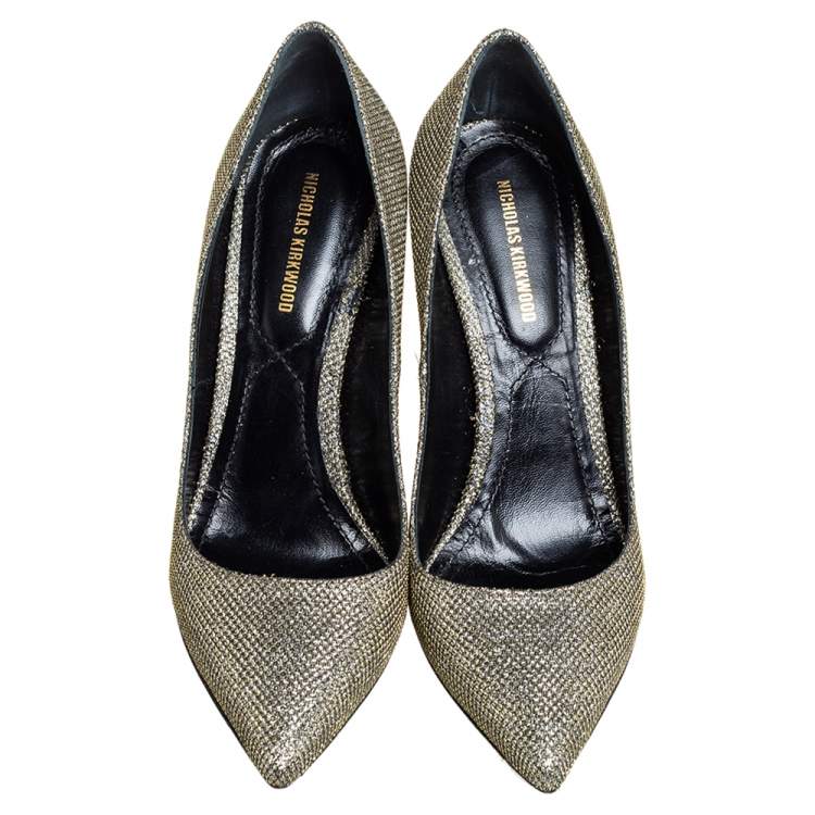 Pre Owned Nicholas Kirkwood Gold Glitter And Lurex Pointed Toe Block Heel Pumps Size 38