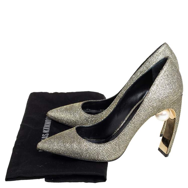 Pre Owned Nicholas Kirkwood Gold Glitter And Lurex Pointed Toe Block Heel Pumps Size 38