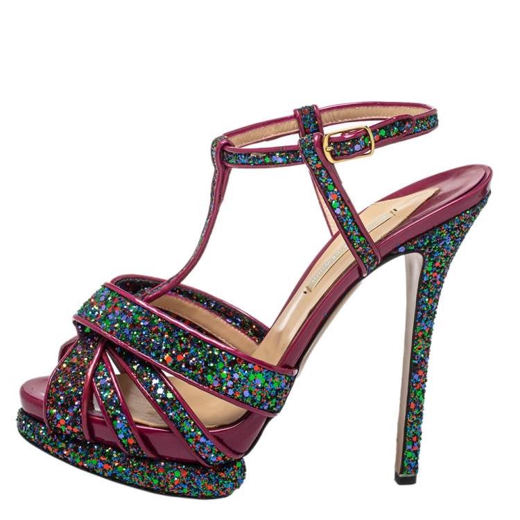 Pre Owned Nicholas Kirkwood Pink Patent Leather and Glitter T Strap Platform Sandals Size 39