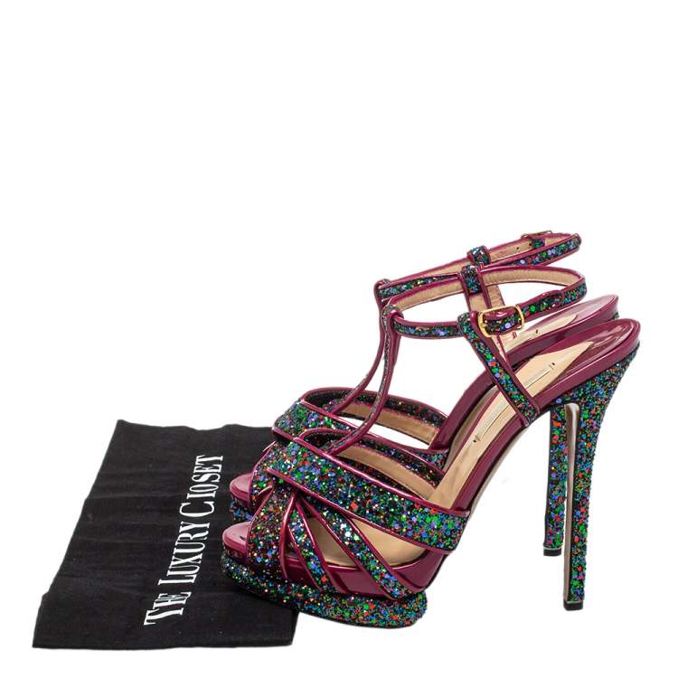 Pre Owned Nicholas Kirkwood Pink Patent Leather and Glitter T Strap Platform Sandals Size 39
