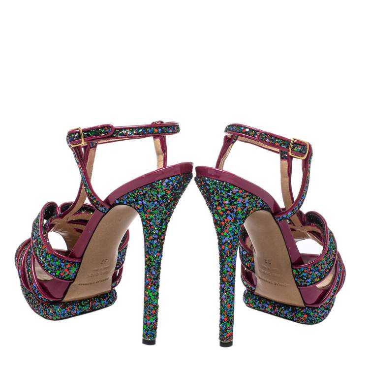 Pre Owned Nicholas Kirkwood Pink Patent Leather and Glitter T Strap Platform Sandals Size 39