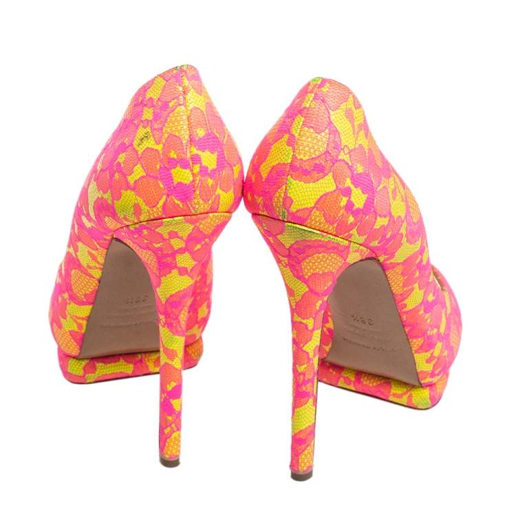 Pre Owned Nicholas Kirkwood Neon Pink And Yellow Lace Peep Toe Pumps Size 38.5