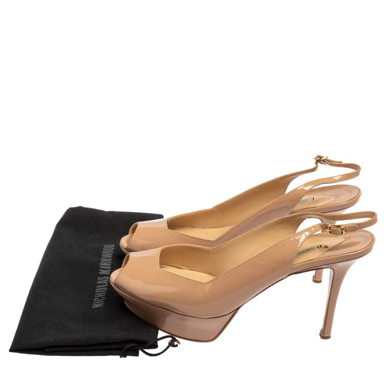 Pre Owned Nicholas Kirkwood Beige Patent Leather Peep Toe Slingback Sandals Size 39