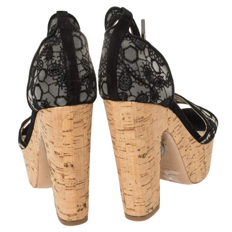 Pre Owned Nicholas Kirkwood Black Lace Maya Pearl Platform Ankle Strap Sandals Size 39.5