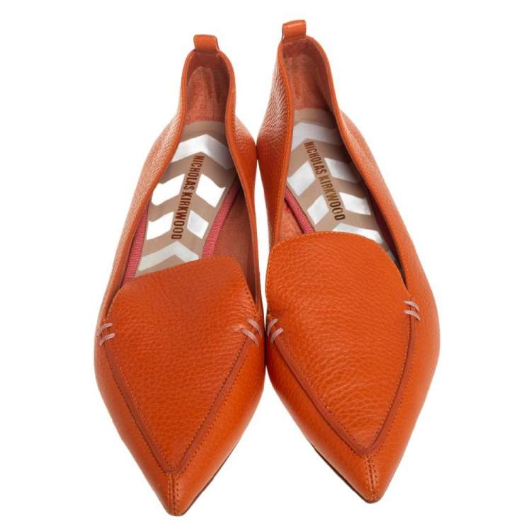 Pre Owned Nicholas Kirkwood Orange Leather Beya Pointed Toe Loafers Size 38.5