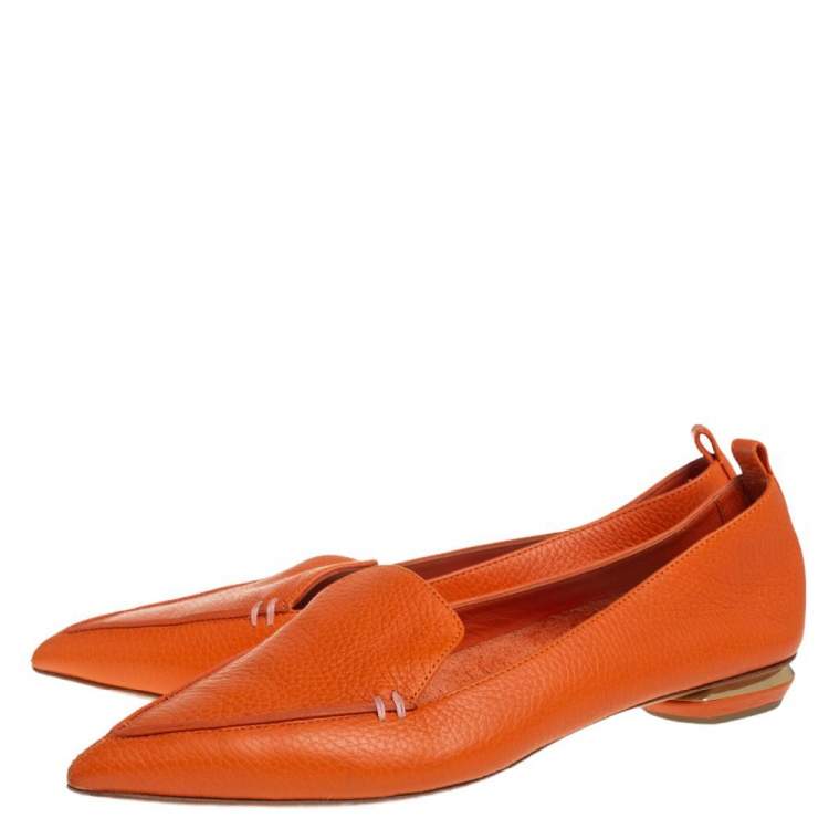 Pre Owned Nicholas Kirkwood Orange Leather Beya Pointed Toe Loafers Size 38.5