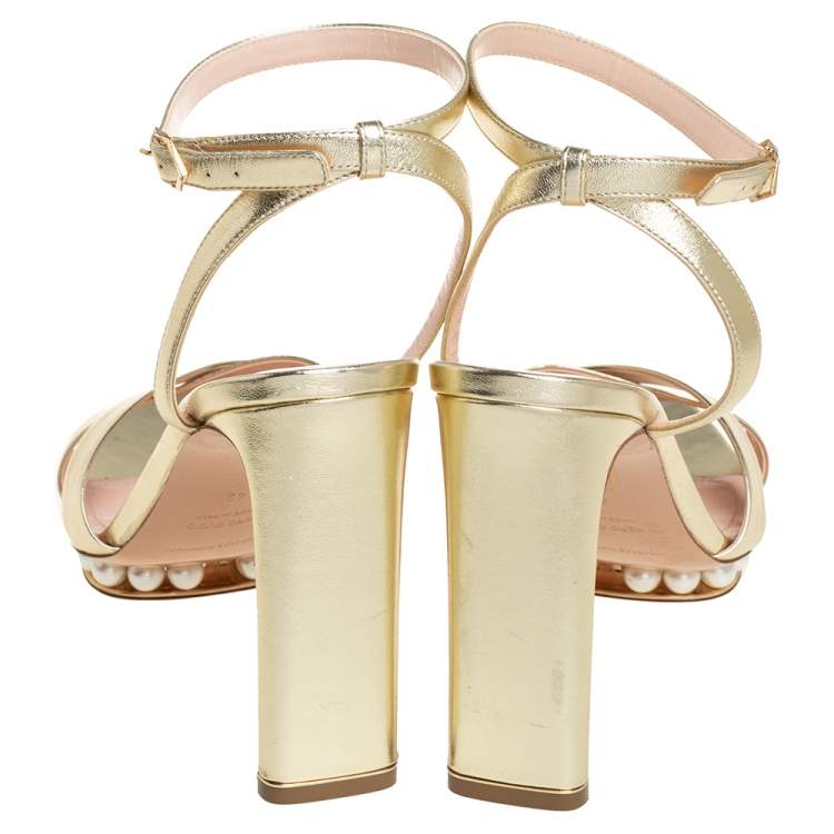 Pre Owned Nicholas Kirkwood Gold Leather Pearl Embellished Platform Ankle Strap Sandals Size 42