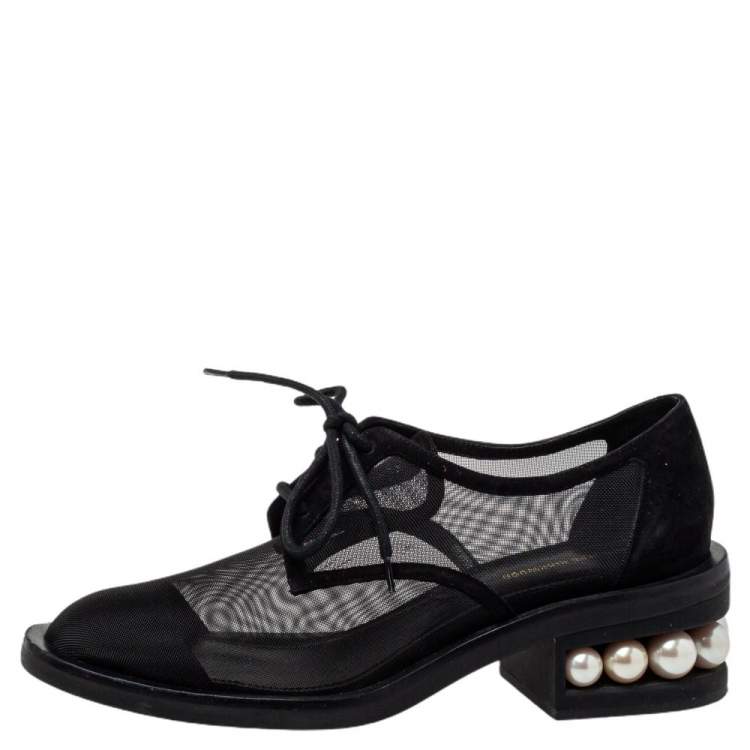 Nicholas Kirkwood Casati Pearl Black Suede Ankle Strap Shoes Flats