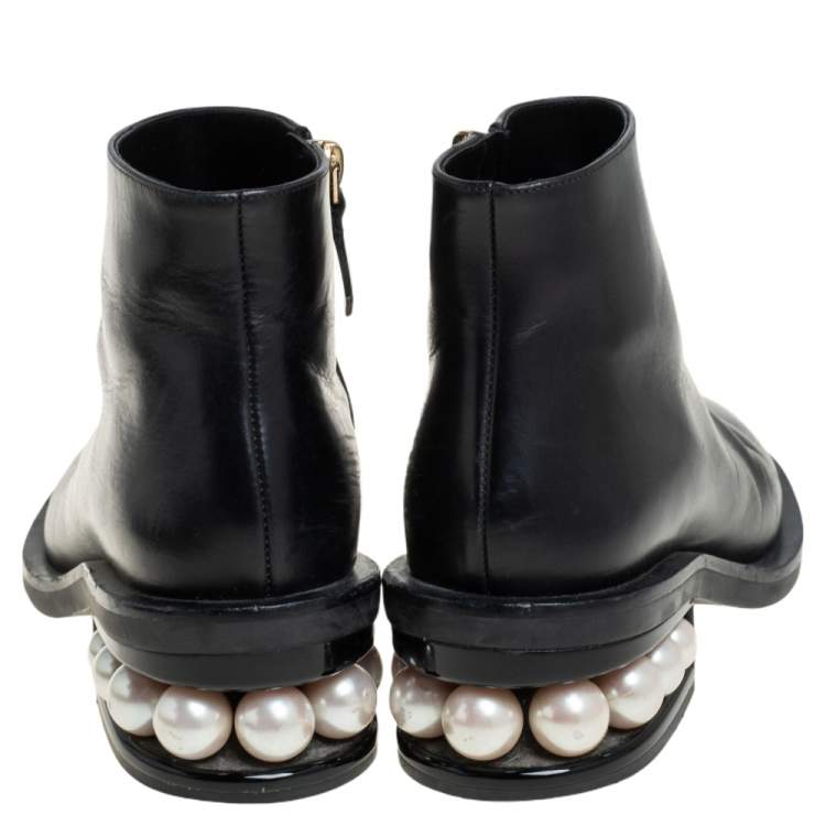 Pre Owned Nicholas Kirkwood Black Leather Faux Pearl Embellished Ankle Boots Size 36.5
