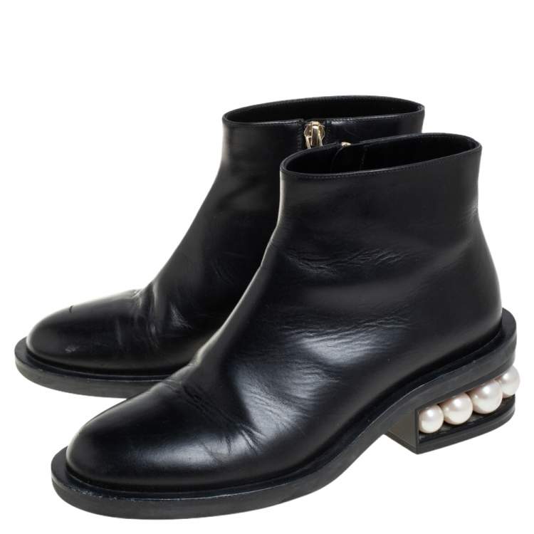 Pre Owned Nicholas Kirkwood Black Leather Faux Pearl Embellished Ankle Boots Size 36.5
