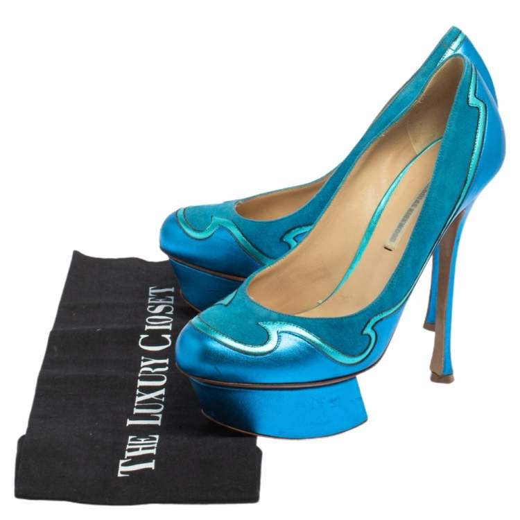 Pre Owned Nicholas Kirkwood Blue Suede And Leather Platform Pumps Size 36.5