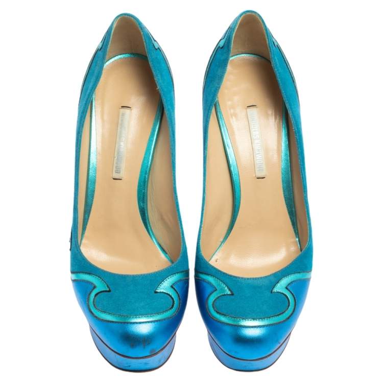 Pre Owned Nicholas Kirkwood Blue Suede And Leather Platform Pumps Size 36.5