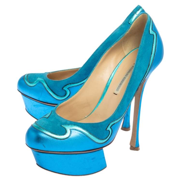 Pre Owned Nicholas Kirkwood Blue Suede And Leather Platform Pumps Size 36.5