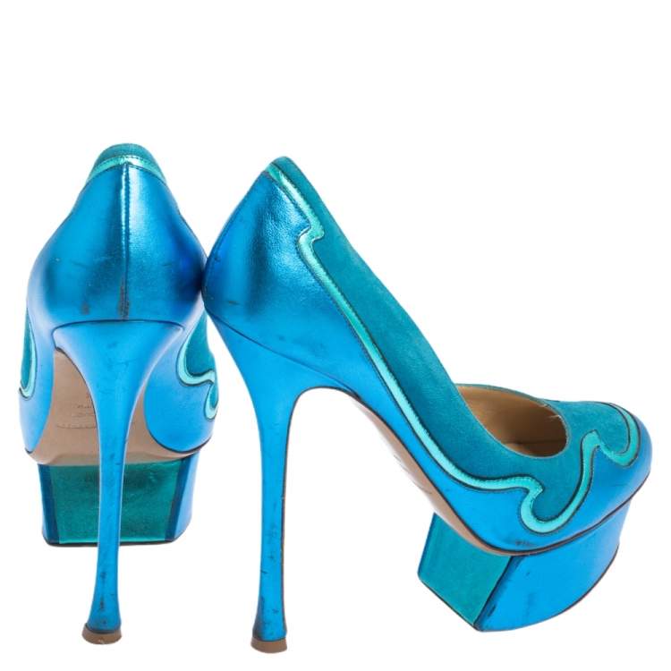 Pre Owned Nicholas Kirkwood Blue Suede And Leather Platform Pumps Size 36.5